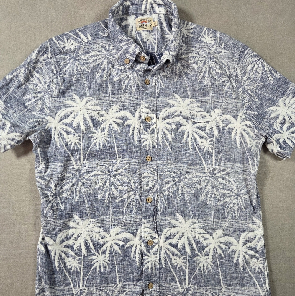 Faherty Blue and White Palm Print Shirt Size Small